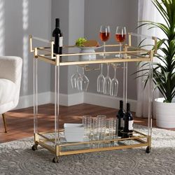 Savannah Contemporary Glam and Luxe Gold Metal and Glass Wine Cart by BrylaneHome in Gold (Size ONE SIZE)