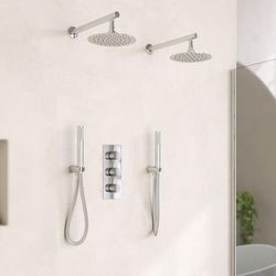 Randolph Morris Tranquil Rainfall Wall Mounted Shower Set with 2 Wall Mount Rainfall Round Shower Heads, Round Valve, 2 Round Handshowers - Chrome RMAS-3TR-2RH-2HSW-C