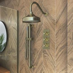 Randolph Morris Tranquil Rainfall Shower Set with Tranquil Rainfall Shower Head, Metal Cross Valve, Grab Bar and Round Wand Handshower - Brushed Brass RMAS-3TMC-RRHGN-HSW-BB