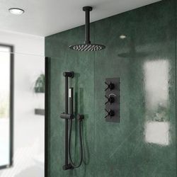 Randolph Morris Tranquil Rainfall Shower Set with Tranquil Rainfall Shower Head, Metal Cross Valve, Grab Bar and Round Handshower - Matte Black RMAS-3TMC-RRHC-HSW-MB
