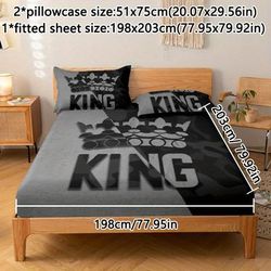 TEMU 3pcs Black Ang Grey King Pattern Fitted Sheet Set (1 Fitted Sheet + 2 Pillowcase, Without Core) - Soft And Comfortable Bedding Mattress Cover Set For Bedroom, And Dorm Decor