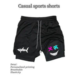 2025 Summer Men's Double-Layer Running Training Shorts Shark joyful Graphic Print Adjustable Drawstring Waist Sports Gym Shorts