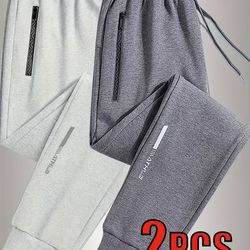 TEMU 2pcs Men's Casual Jogger Pants, 95% Polyester 5% Elastane, Mid-rise Waistband, Solid Color, Knit Fabric, Regular Fit With Zipper Pockets, Soft Stretch, Ideal For Outdoor Wear