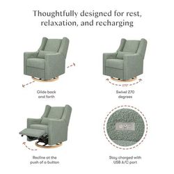 Babyletto Kiwi Electronic Glider Recliner w/ USB - Sage Teddy Loop w/ Light Wood Base