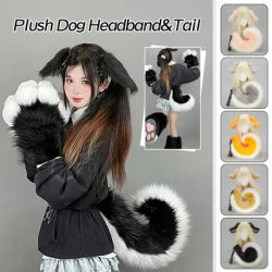 Femmes dessin animé lobe d'oreille lapin bandeau filles mignonnes en peluche chien oreille fourrure queue de chien fourrure cheveux cerceau Anime Halloween fête Cosplay accessoires