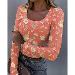 T-shirt da donna maniche lunghe rigata grafica collo quadrato maniche lunghe casual tunica floreale piante vintage elegante top regolari stampa quotidiana bianca rosa arancione verde beige primavera