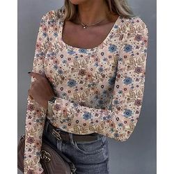 T-shirt da donna maniche lunghe rigata grafica collo quadrato maniche lunghe casual tunica floreale piante vintage elegante top regolari stampa quotidiana bianca rosa arancione verde beige primavera