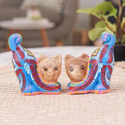 'Artisan-Made 2-Piece Painted Raintreed Wood Cat Figurine Set'