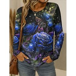 T-shirt da donna con maniche lunghe girocollo maniche lunghe tunica grafica floreale piante vintage elegante classica collo rotondo tops regolari stampa gialla rossa blu viola verde autunno