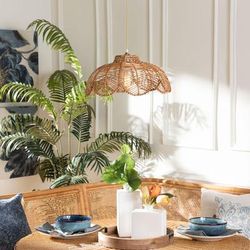 Neorah Natural Rattan Pendant Lampshade - Coastal Boho Ceiling Light Cover with Handcrafted Petal Sh by Bali & Pari in Brown (Size OS)