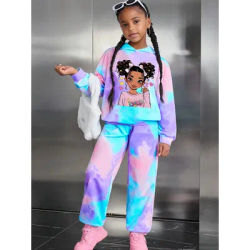 Ins Girls Cool Girl Western Style Tie-Dye Full Print Printed Pants 2-Piece Autumn Suit Suitable for 3-10 Years Old Blue Sweatshir