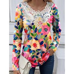 Blusa da donna tunica con pizzo e splicing collo a V maniche lunghe grafica floreale piante vintage casual girocollo tops regolari uscita weekend stampa patchwork in pizzo bianca rosa viola verde