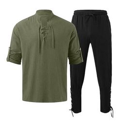 Retrò Vintage Medievale Rinascimento Pantaloni Abiti Camicia Pirata Ranger Costume Per uomo Vichingo Halloween Carnevale Mascherata Performance Mascherata LARP Adulti Camicia Pantaloni