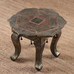 'Folk Art Lotus-Themed Brass and Copper-Accented Wood Stool'