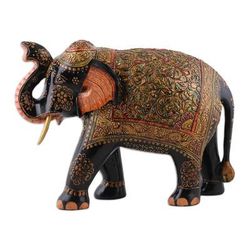 'Hand-Painted Leafy and Floral Elephant Neem Wood Sculpture'
