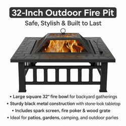 32 Square Outdoor Metal Fire Pit Wood Burning Patio Heater With Mesh Cover & Poker 32 Square Outdoor Metal Fire Pit Wood Burning Patio Heater With Mesh Cover & Poker