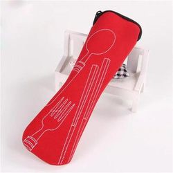 Washable Tableware Bag With Zipper: Portable Cutlery Kit For Travel, Camping Spoon, Fork, Knife Holder Red
