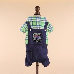 Stylish Pet Jumpsuits: Plaid Coat, Denim Pants, XS Tracksuits For Small Dogs & Cats Green S