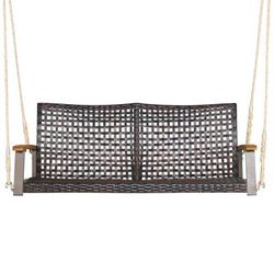 Weatherproof Rattan Hanging Porch Swing Chair With Soft Cushion And Acacia Armrests, Ideal For Patio, Balcony Weatherproof Rattan Hanging Porch Swing Chair With Soft Cushion And Acacia Armrests, Ideal For Patio, Balcony