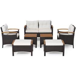 Premium Rattan Patio Sofa Set With Acacia Wood Armrests And Tabletop, Outdoor Lounge Furniture With Cushions, Ottomans Premium Rattan Patio Sofa Set With Acacia Wood Armrests And Tabletop, Outdoor Lounge Furniture With Cushions, Ottomans