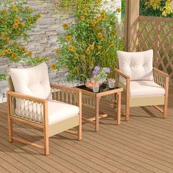 Outdoor 3 Piece Conversation Set, Acacia Wood & PE Wicker Patio Furniture With Comfortable Cushions Outdoor 3 Piece Conversation Set, Acacia Wood & PE Wicker Patio Furniture With Comfortable Cushions