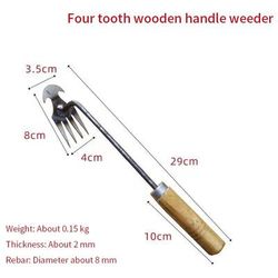 Weeding Artifact: Dual Purpose Steel Weed Puller Tool For Garden 4 Teeth Hand Remover wood 29cm