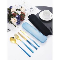Portable 4 Piece Cutlery Set With Box: Knife, Fork, Spoon, Chopsticks Travel Cutlery Blue Gold