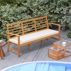 Outdoor 64 Inch Wood Bench With Seat Cushion, Durable Slatted Patio Bench For Backyard Relaxation Outdoor 64 Inch Wood Bench With Seat Cushion, Durable Slatted Patio Bench For Backyard Relaxation
