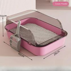 Semi Enclosed High Sided Cat Litter Box With Scoop Thick Kitty Sandbox pink
