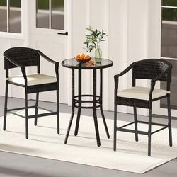 3 Piece Patio Rattan Bar Set With Tempered Glass Top Perfect For Backyard & Poolside Relaxation 3 Piece Patio Rattan Bar Set With Tempered Glass Top Perfect For Backyard & Poolside Relaxation