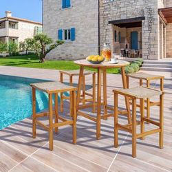 Patio Wood Bar Stools Set Of 2 4, Acacia Wood Frame With PE Rattan Seats For Outdoor & Indoor Use Patio Wood Bar Stools Set Of 2 4, Acacia Wood Frame With PE Rattan Seats For Outdoor & Indoor Use