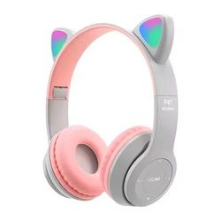 Wireless Bluetooth Headphones Cat Ears LED Light Stereo Headset With Mic pink grey