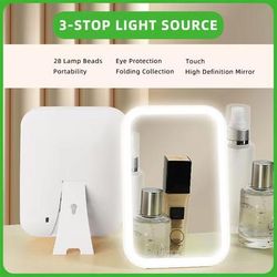 LED Touch Screen Folding Makeup Mirror, USB Rechargeable, 3 Light Modes, Portable Cosmetic Tool white