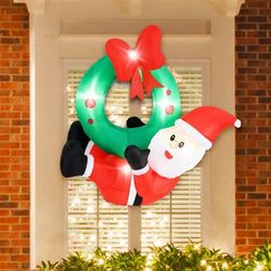 4FT Inflatable Santa Wreath With LED Lights & Red Bow, Christmas Door Decoration Indoor Outdoor 4FT Inflatable Santa Wreath With LED Lights & Red Bow, Christmas Door Decoration Indoor Outdoor