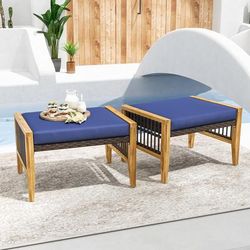 Patio Acacia Wood Ottomans With Cushions Versatile Rattan Woven Footstools For Indoor & Outdoor Use Patio Acacia Wood Ottomans With Cushions Versatile Rattan Woven Footstools For Indoor & Outdoor Use