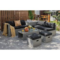 8 Piece Patio Rattan Furniture Set With Storage Box, Waterproof Cover & Thick Cushions, Space Saving Design 8 Piece Patio Rattan Furniture Set With Storage Box, Waterproof Cover & Thick Cushions, Space Saving Design
