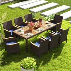 9 Piece Outdoor Dining Set With Acacia Wood Table Top, 8 PE Rattan Chairs & Sturdy Metal Frame 9 Piece Outdoor Dining Set With Acacia Wood Table Top, 8 PE Rattan Chairs & Sturdy Metal Frame