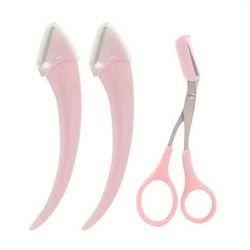 Eyebrow Trimmer Set With Curved Eyebrow Razor And Scissors Comb, Easy Beauty Tools For Beginners And Precision Grooming pink