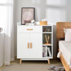 Modern Floor Storage Cabinet, Free Standing Cupboard Chest With 1 Drawer, Adjustable Shelves & Anti Tip Design Modern Floor Storage Cabinet, Free Standing Cupboard Chest With 1 Drawer, Adjustable Shelves & Anti Tip Design