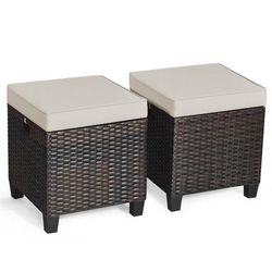 2 Pieces Patio Rattan Ottoman Set With Removable Cushions, Outdoor Wicker Footrest Stools For Backyard, Garden, Porch 2 Pieces Patio Rattan Ottoman Set With Removable Cushions, Outdoor Wicker Footrest Stools For Backyard, Garden, Porch