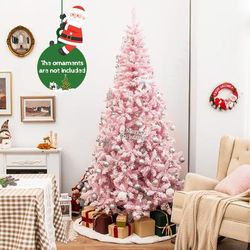 7.5 Feet Flocked Christmas Tree Pink Pre Lit Artificial Tree With LED Lights & Hinged Branches For Home Holiday Decor 7.5 Feet Flocked Christmas Tree Pink Pre Lit Artificial Tree With LED Lights & Hinged Branches For Home Holiday Decor