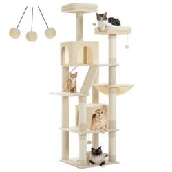 Multi Level Plush Cat Tree, Extra Large Cat Tower With Scratching Boards, Perches & Caves beige 3