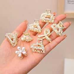 Small Rhinestone Pearls Geometric Metal Hair Claws For Women, Mini Hair Clips, Hairpins, Sweet Hair Accessories Set 8pcs