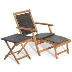 Foldable Patio Lounge Chair Set With Acacia Wood Side Table, Rattan Recliners With Retractable Ottomans For Outdoor Foldable Patio Lounge Chair Set With Acacia Wood Side Table, Rattan Recliners With Retractable Ottomans For Outdoor