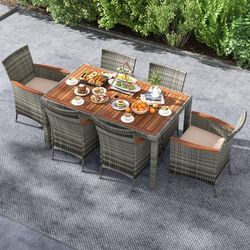 7 Piece Patio Acacia Wood Dining Set With PE Rattan Chairs & Cushions, Outdoor Wicker Table & 6 Seats 7 Piece Patio Acacia Wood Dining Set With PE Rattan Chairs & Cushions, Outdoor Wicker Table & 6 Seats