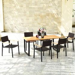 Patented 7 Piece Outdoor Dining Set With Large Acacia Wood Table Top, All Weather Rattan Furniture Patented 7 Piece Outdoor Dining Set With Large Acacia Wood Table Top, All Weather Rattan Furniture