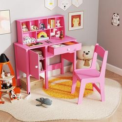 Kids Study Desk And Chair Set With Hutch & Storage Cabinet, Safe, Spacious Learning Space For Ages 3+ Kids Study Desk And Chair Set With Hutch & Storage Cabinet, Safe, Spacious Learning Space For Ages 3+