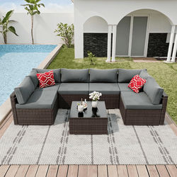 7 Piece Outdoor Patio Furniture Set All Weather PE Rattan Sectional Sofa With Table gray Brown