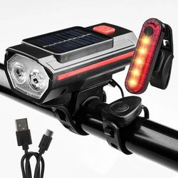 Solar Bicycle Light With Horn, TYPE C Rechargeable MTB Road Bike Front Lamp & Flashlight With Battery qd 4601t