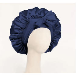Adjustable Satin Bonnet For Sleeping With Tie Band Soft Hair Protection For Women And Men navy Blue
